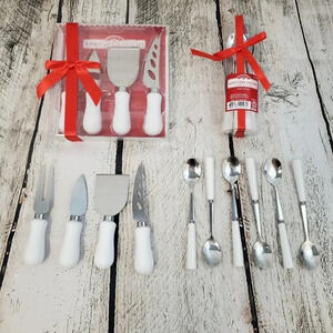 White 4 Piece Cheese Knife Set and White 6 Piece Appetizer Spoon Set